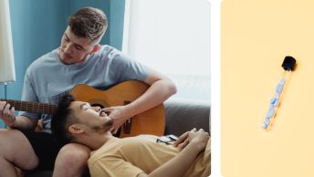 Two images. The first of a man playing a guitar to another man and the other of a bottle of prep pills