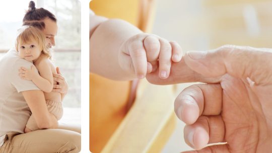 Two images. One of a father holding his child and the other of him holding the child's hand