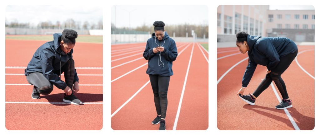 A girl stretching, jogging, and checking her phone on a track.