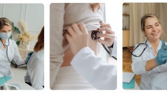 Three images of a doctor doing a check-up on a woman