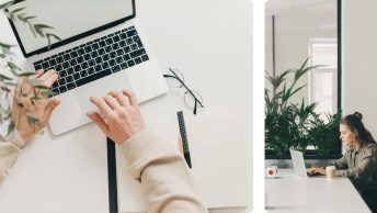 Two images. The first of a laptop and someone typing on it. The second of a woman typing on the computer and looking at it intensely