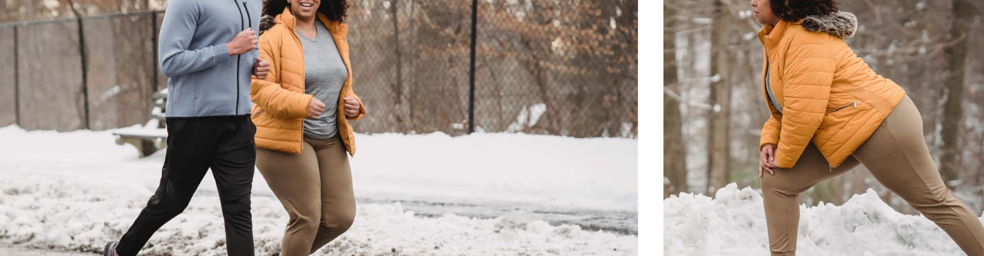 A girl jogging and stretching alongside her trainer during a snow day in a park.