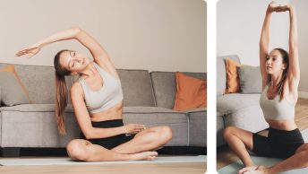 Two images of women working out on yoga mats