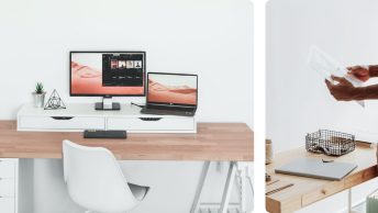 Two pictures of a computer on a desk and the second of someone holding a phone