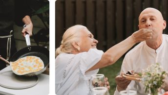 Two images. One of a pancake made of eggs and the other of a woman feeding a man