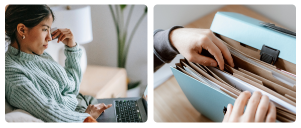 Woman searching for jobs online and looking through her personal documents