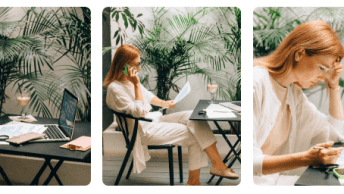 Three images of a women attempting to do her German pension refund