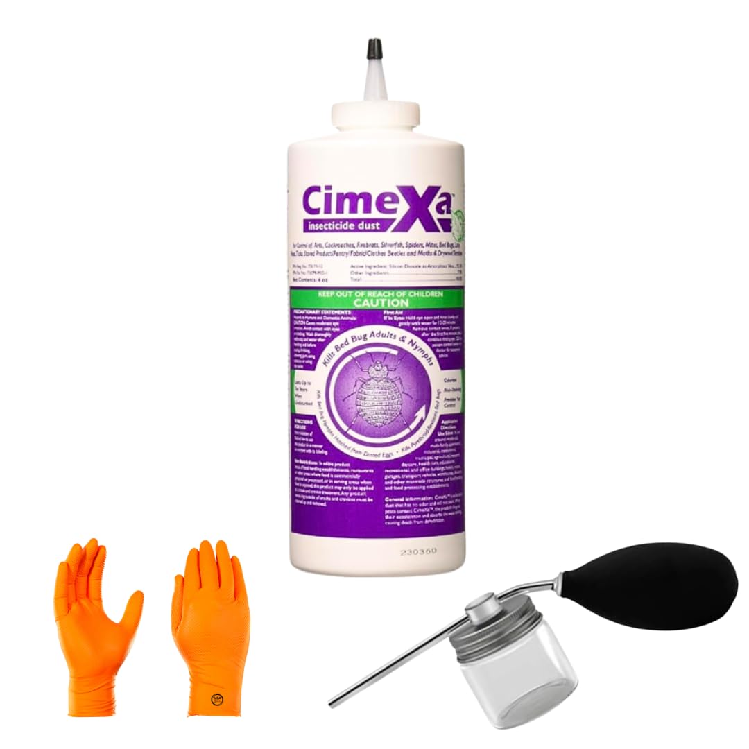 Rockwell CimeXa Insecticide Dust – Long-Lasting, Odorless Silica Dust for Bed Bugs, Fleas, Ticks & Crawling Insects – 4 oz Bottle | Includes Puffer | Premium USA Supply Gloves for Safe Eradication