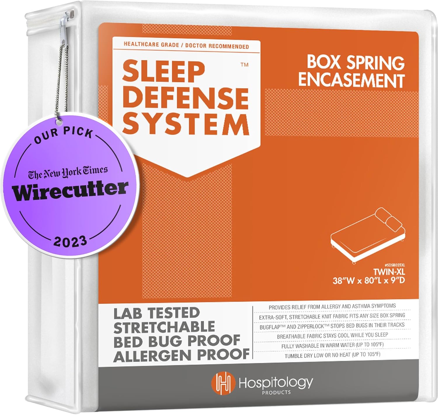 HOSPITOLOGY PRODUCTS Box Spring Encasement - Zippered Bed Bug Dust Mite Proof Hypoallergenic - Sleep Defense System - Twin XL –38" W x 80" L