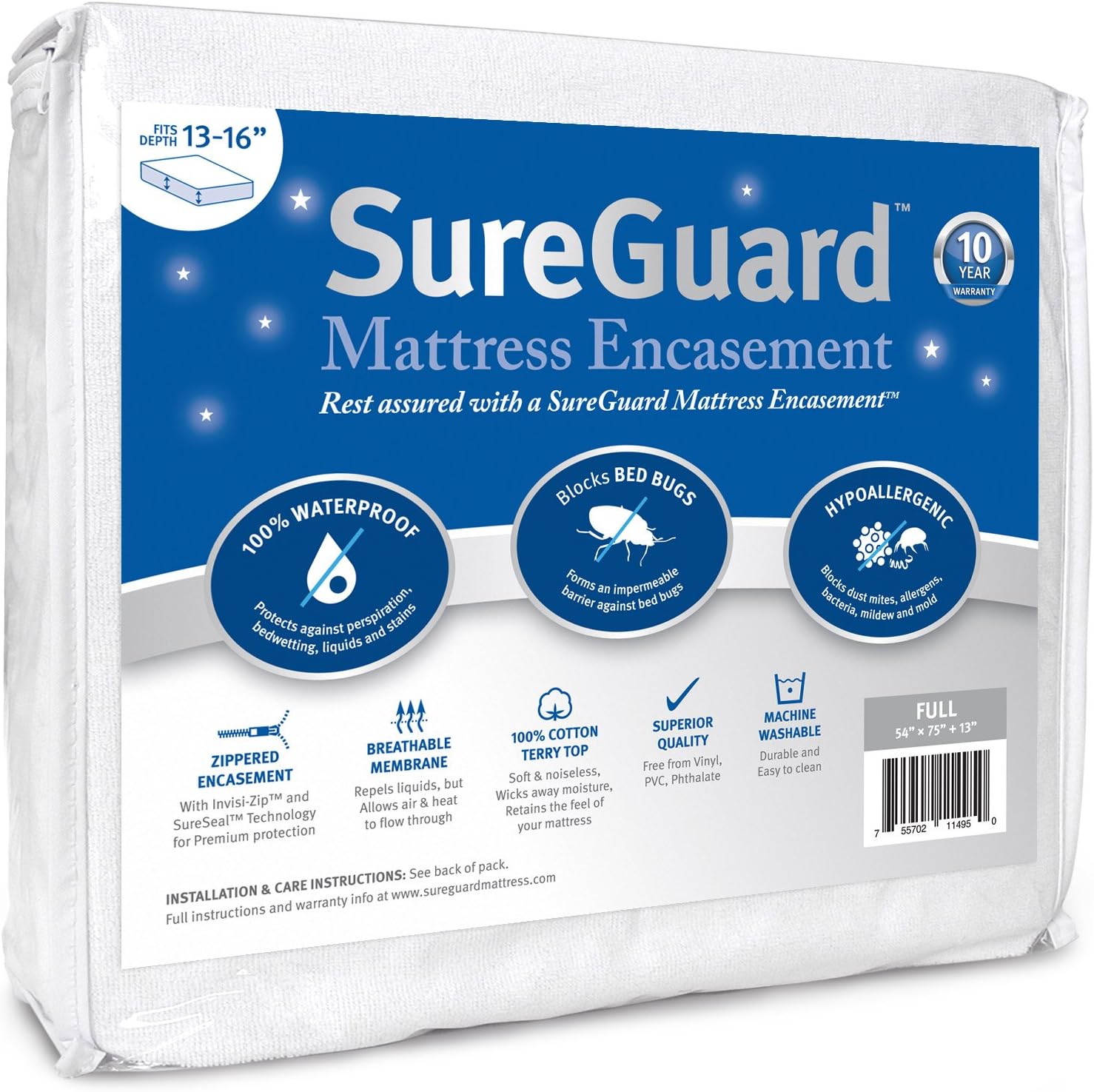 Full (13-16 in. Deep) SureGuard Mattress Encasement - 100% Waterproof, Bed Bug Proof, Hypoallergenic - Premium Zippered Six-Sided Cover