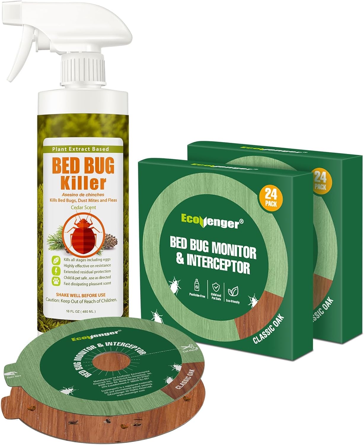 EcoVenger Bed Bug Control Kit - 16oz Spray and 48 Ct Glue Trap Interceptors Eco-Friendly Pet Safe Kills on Contact with 14-Day Residual