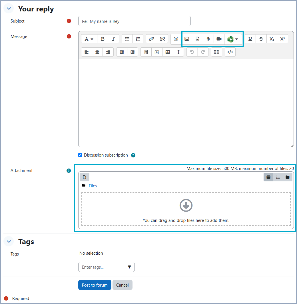 a screenshot of the advanced text editor for a Moodle forum reply. The icons for adding an image, audio/video, recording audio, recording video, and a green Panopto logo are highlighted, in addition to a section below where the user can drag/drop files.