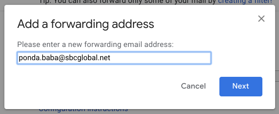 Add a forwarding address popup window