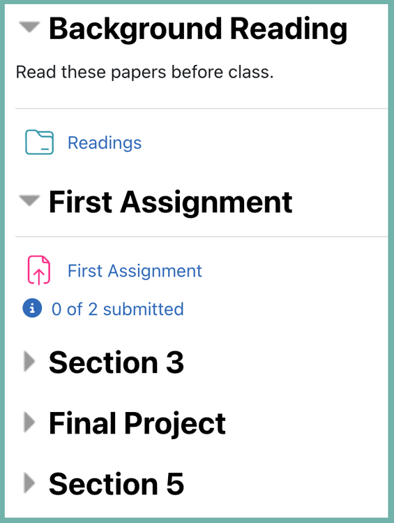 A Collapsed Topics course where the first two sections are expanded and the rest collapsed.