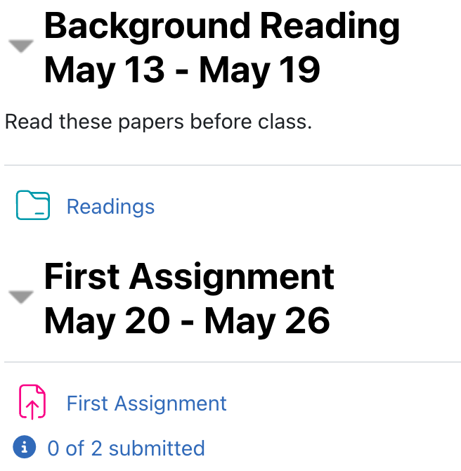 A Collapsed Topics course with its sections labelled both by a subject and the dates of the week.