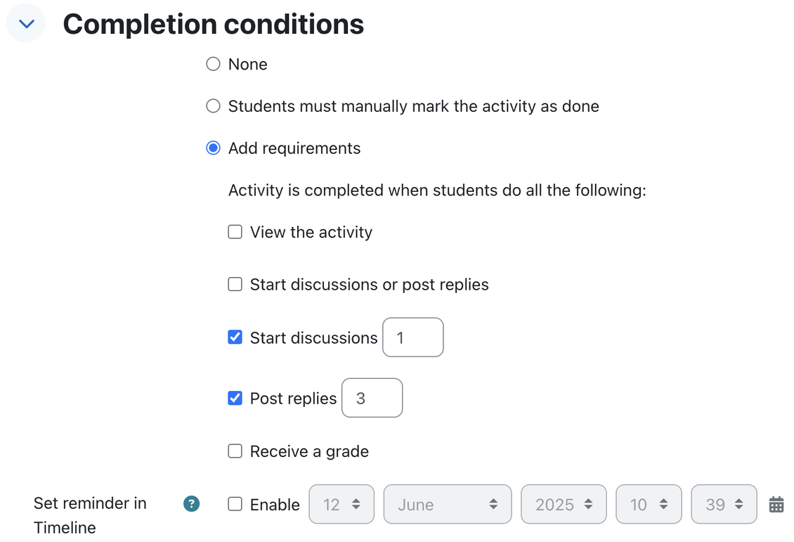 Example activity settings for a forum that require students to create a post and respond to three posts.