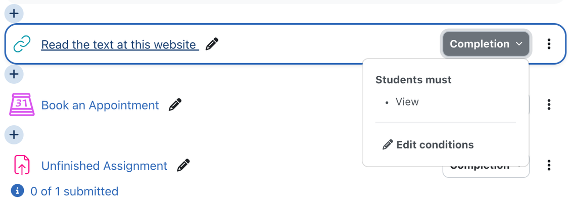 An activity's completion menu open showing an option to edit its completion conditions.
