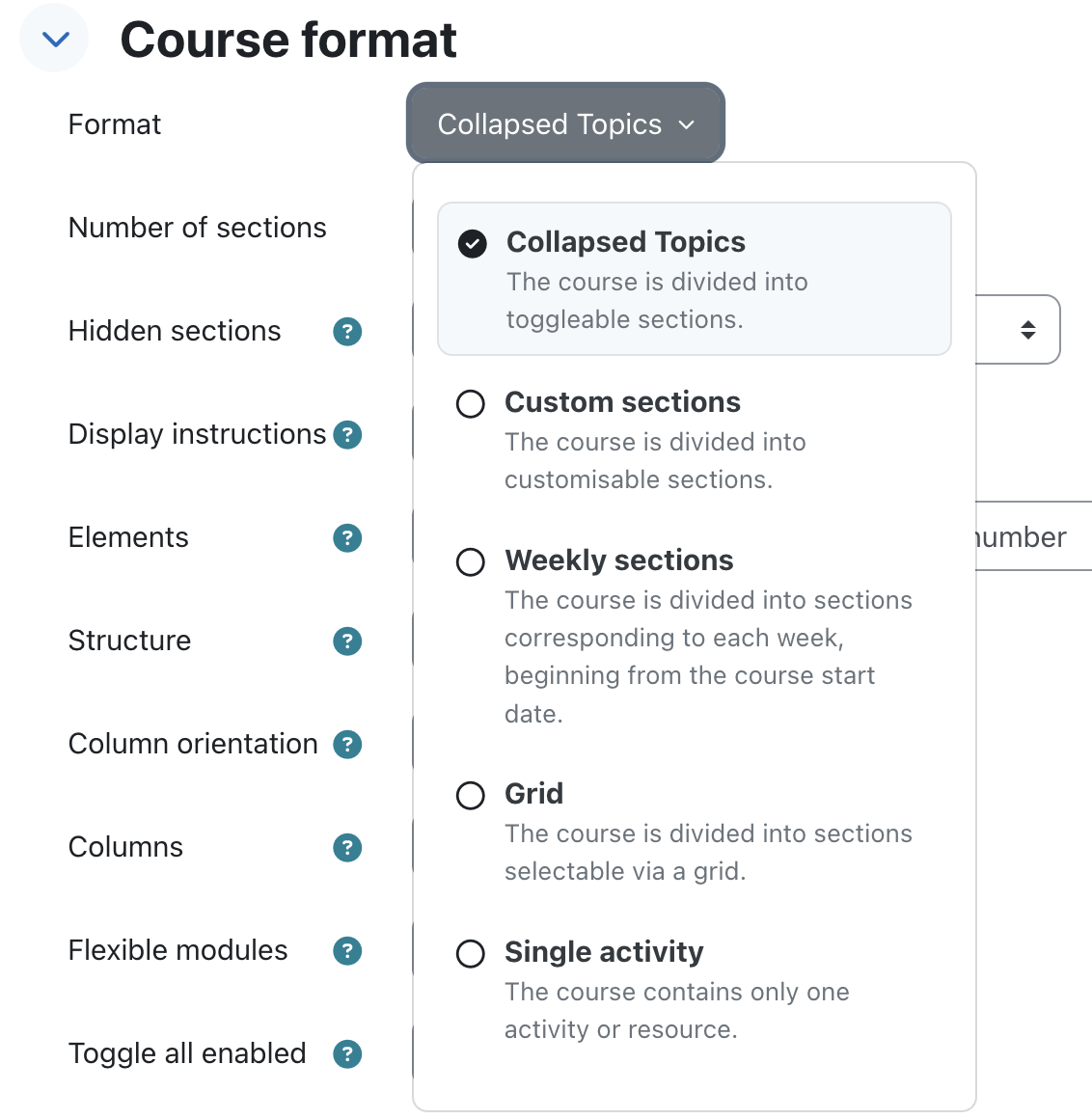 Selecting the Collapsed Topics course format in Moodle.
