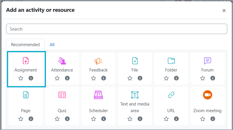 a screenshot of the assignment option highlighted on the activity picker screen