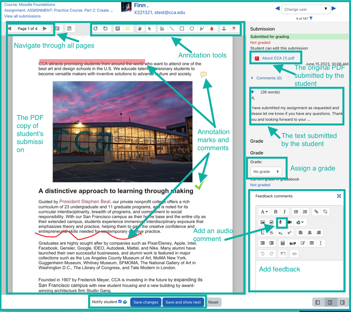 the annotate PDF screen on Moodle, highlighting the different annotation tools