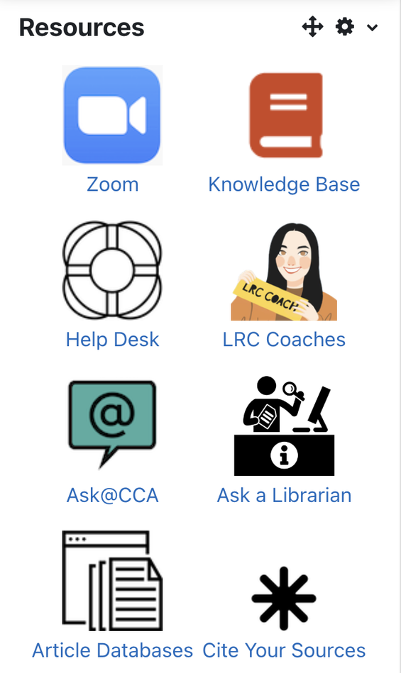Moodle's resources block with icons and links for various CCA services, like Zoom and the Knowledge Base.