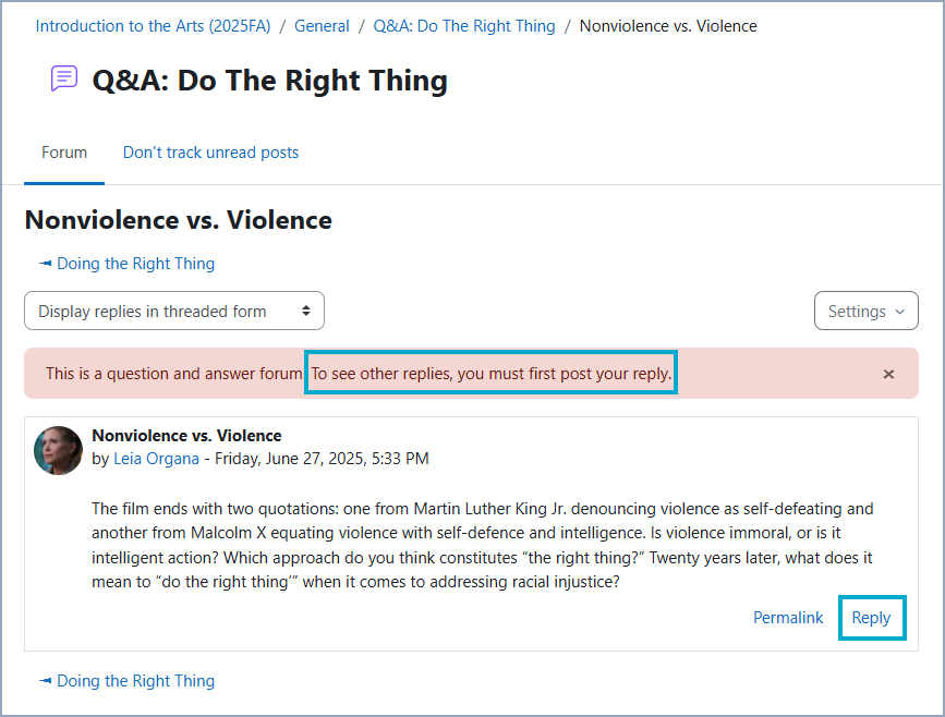 screenshot of the question and answers forum. The option to reply is highlighted in the lower right corner of the discussion question.
