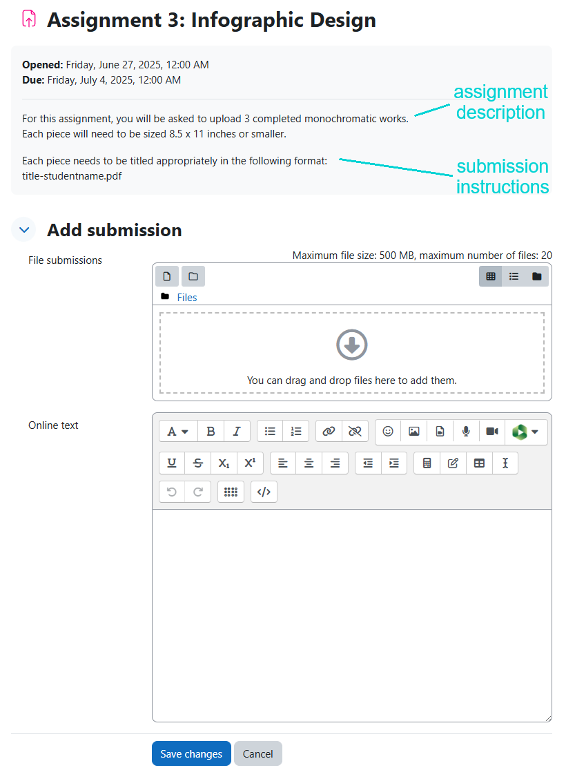 submission page for students