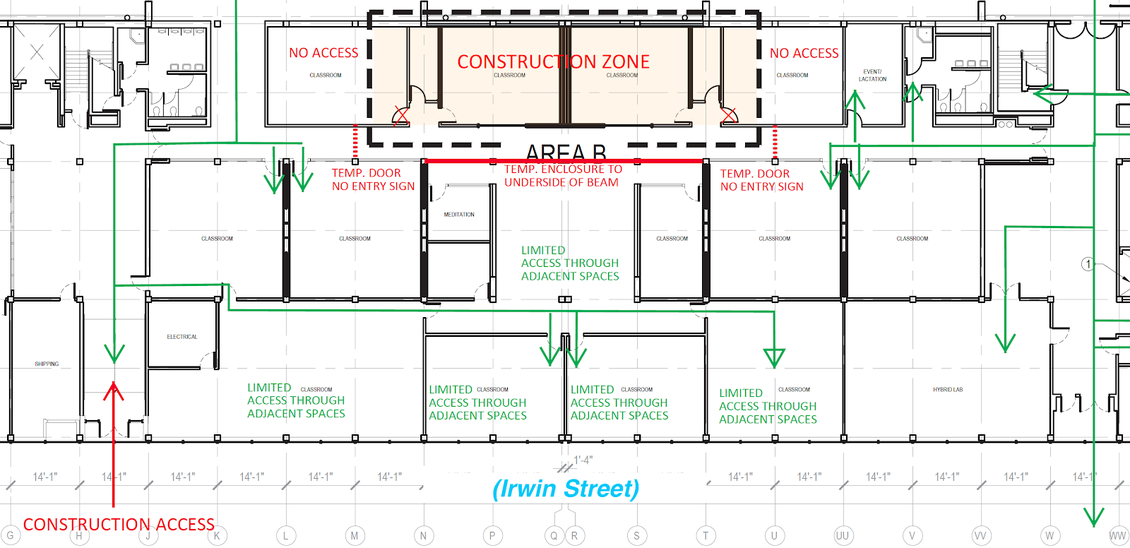 Helzel Boardroom construction impact: Paths of travel around the Boardroom during construction this summer are shown in green.