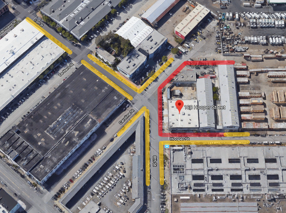 Parking around campus: Yellow areas may have temporary parking closures over the course of the 188 Hooper Street project, red areas are permanent parking closures (until the project is complete in 2020