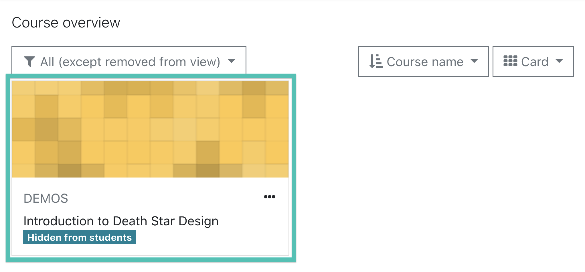 Screenshot of Course card appearing in Course Overview with Hidden From Students flag