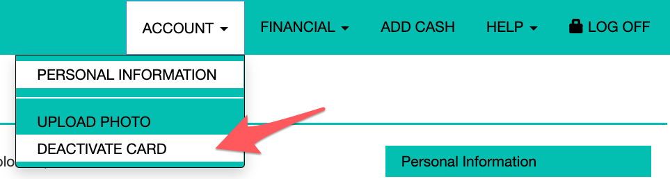 Deactivate Card option from Account dropdown menu