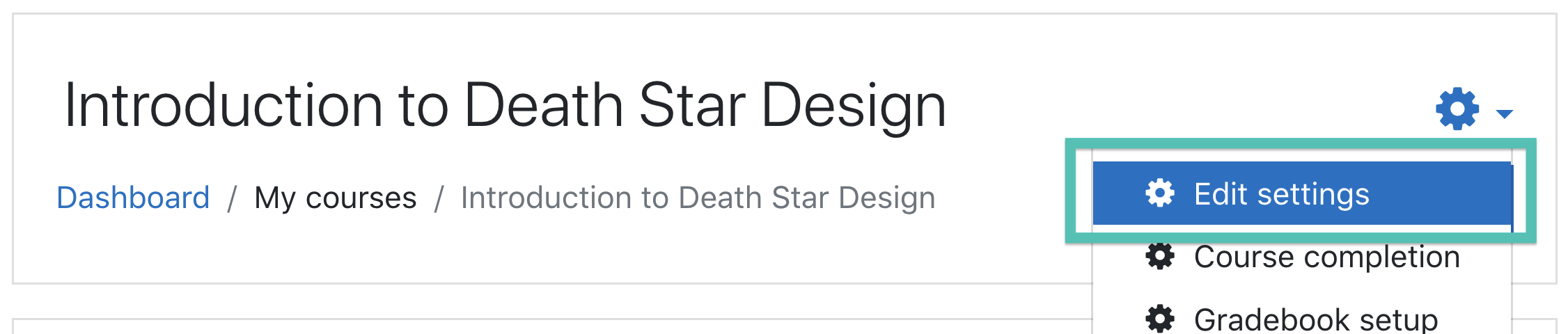 Screenshot of Edit Settings options visible when clicking on the gear in a course