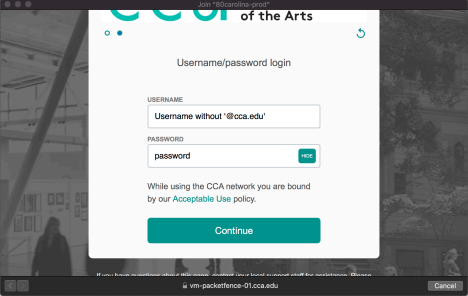 CCA credentials prompt on WiFi login screen