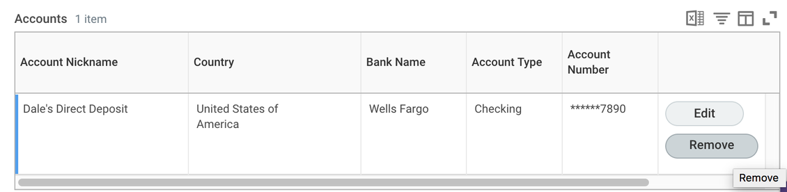 Accounts table showing direct deposit information on file
