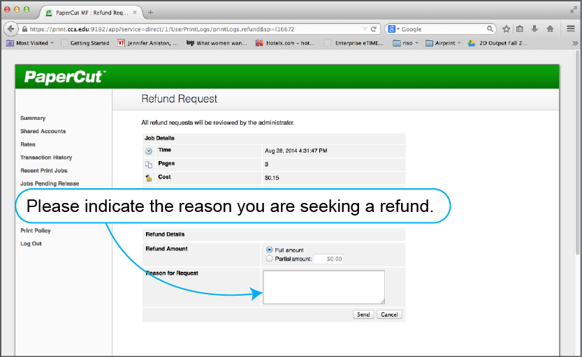 PaperCut Refund Request page