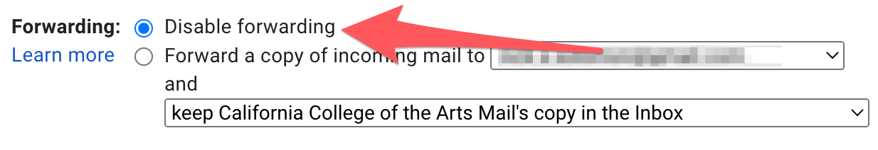 Disable email forwarding within Gmail Forwarding settings