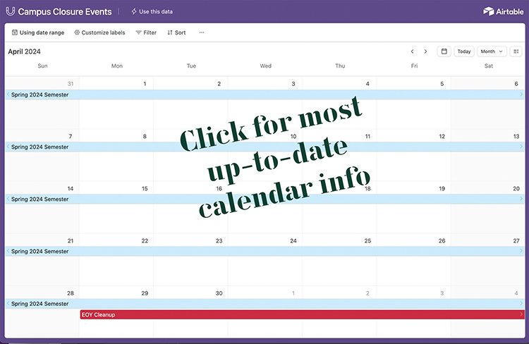 Move & Space Closure 2024 calendar