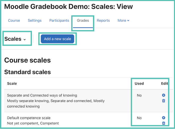 gear icon to edit a scale in Moodle