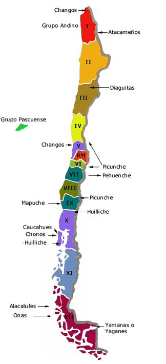 Mapa con la ubicación de los pueblos originarios de Chile