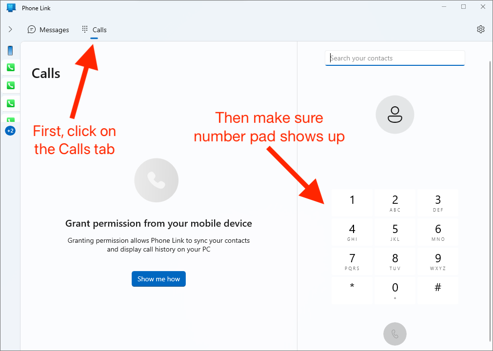 Windows Phone Link app window with arrows and instructions on clicking the Calls tab and then ensuring that the number pad shows up on the right