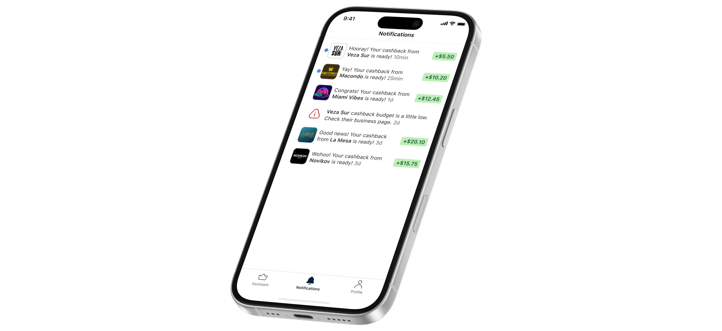 Real-time notifications showing cashback alerts and low balance warnings