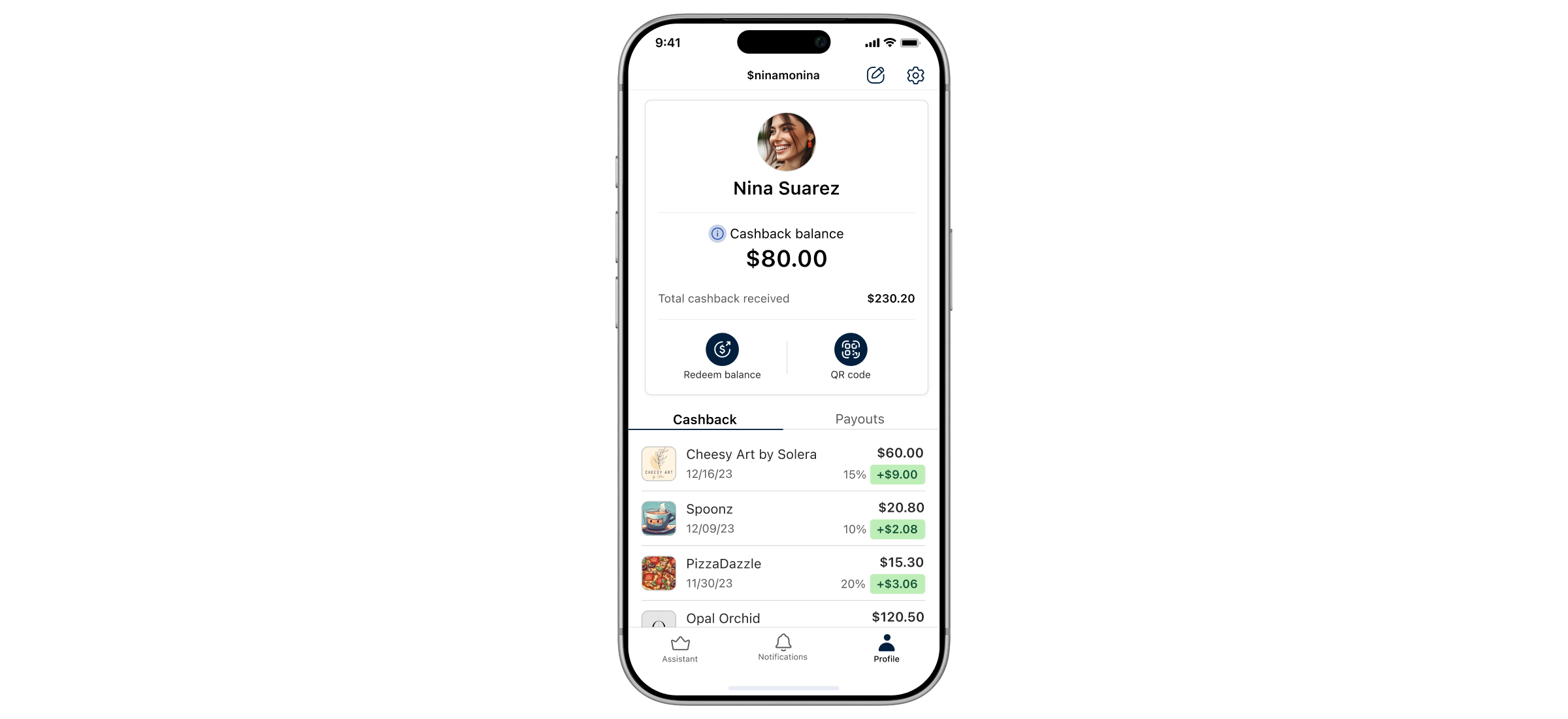 Profile screen showing balances, transaction history, and cashback redemption