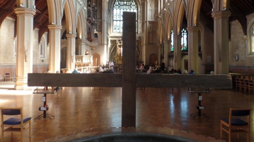 Wooden cross at the back of the church