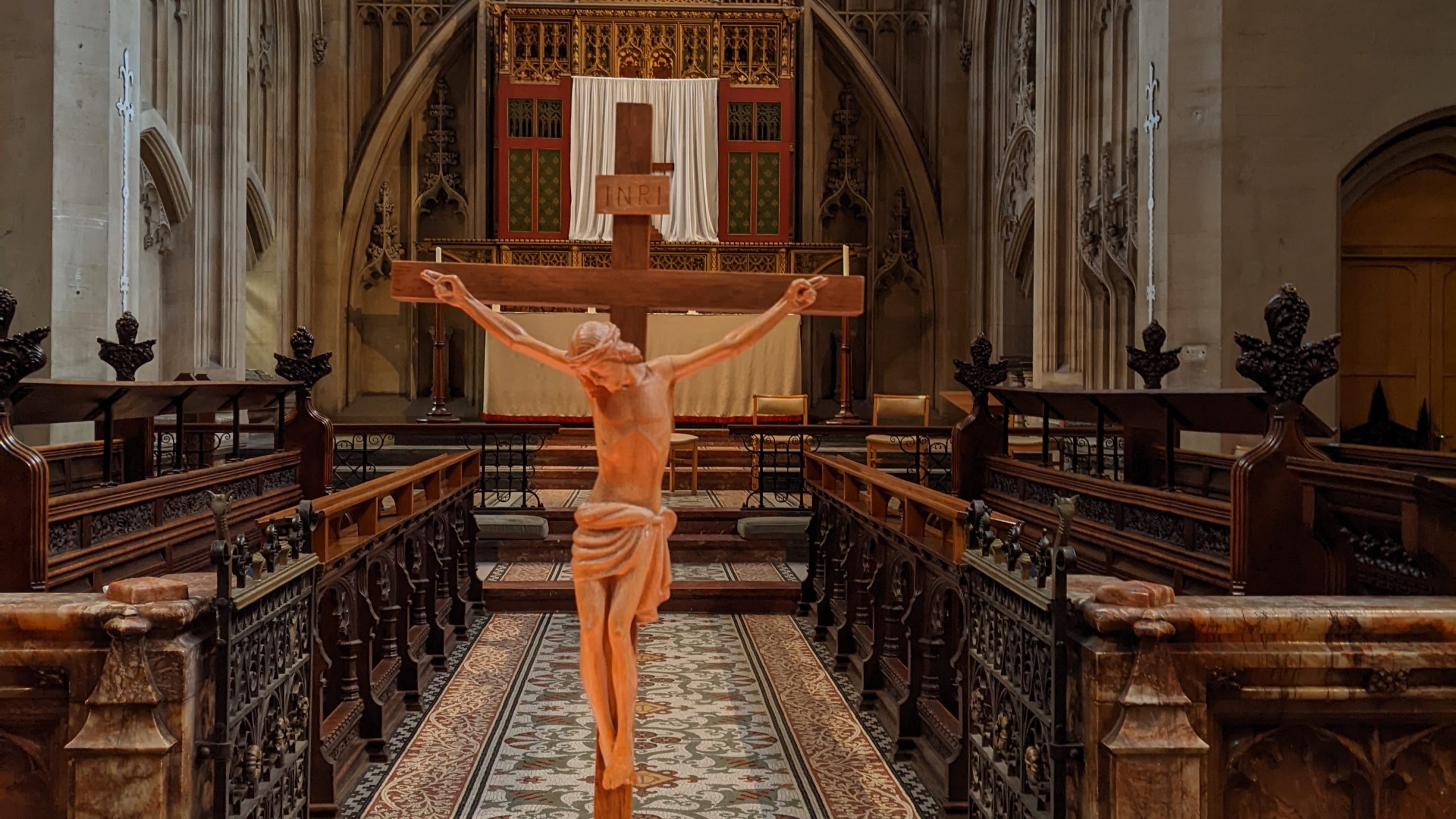 A crucifix in front of the altar