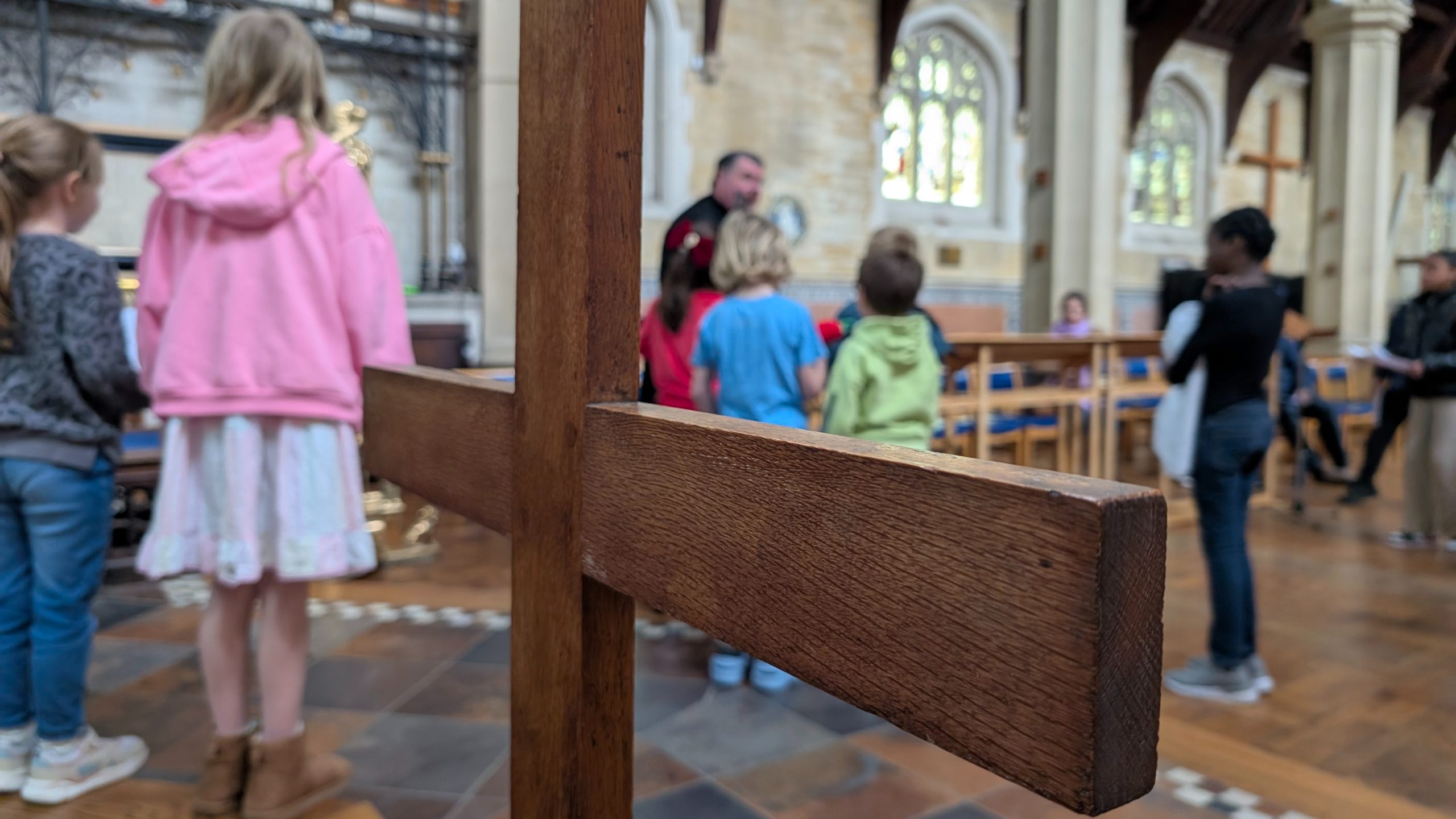 Young people gathered at the cross