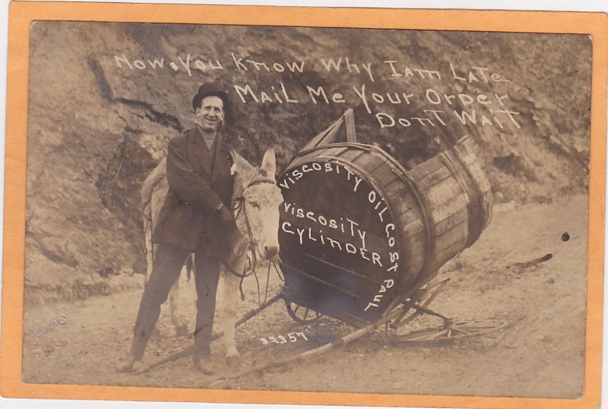 St Paul Viscosity Oil Co Salesman & Donkey Real Photo Advertising Postcard