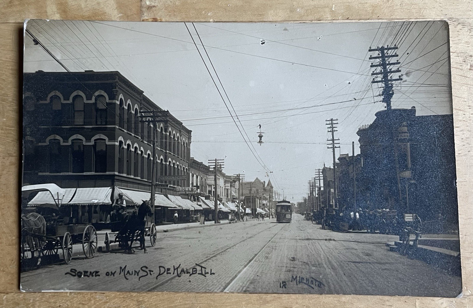 DeKalb Illinois Masure & Leonard Electric Trolley Main Street Real Photo Postcard