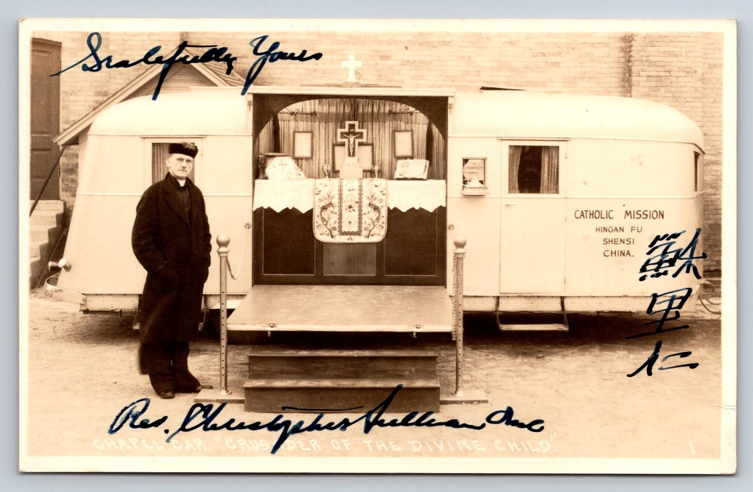 Hingan Fu Shensi China Catholic Mission Chapel Car With Reverend Christopher Cullen Real Photo Postcard