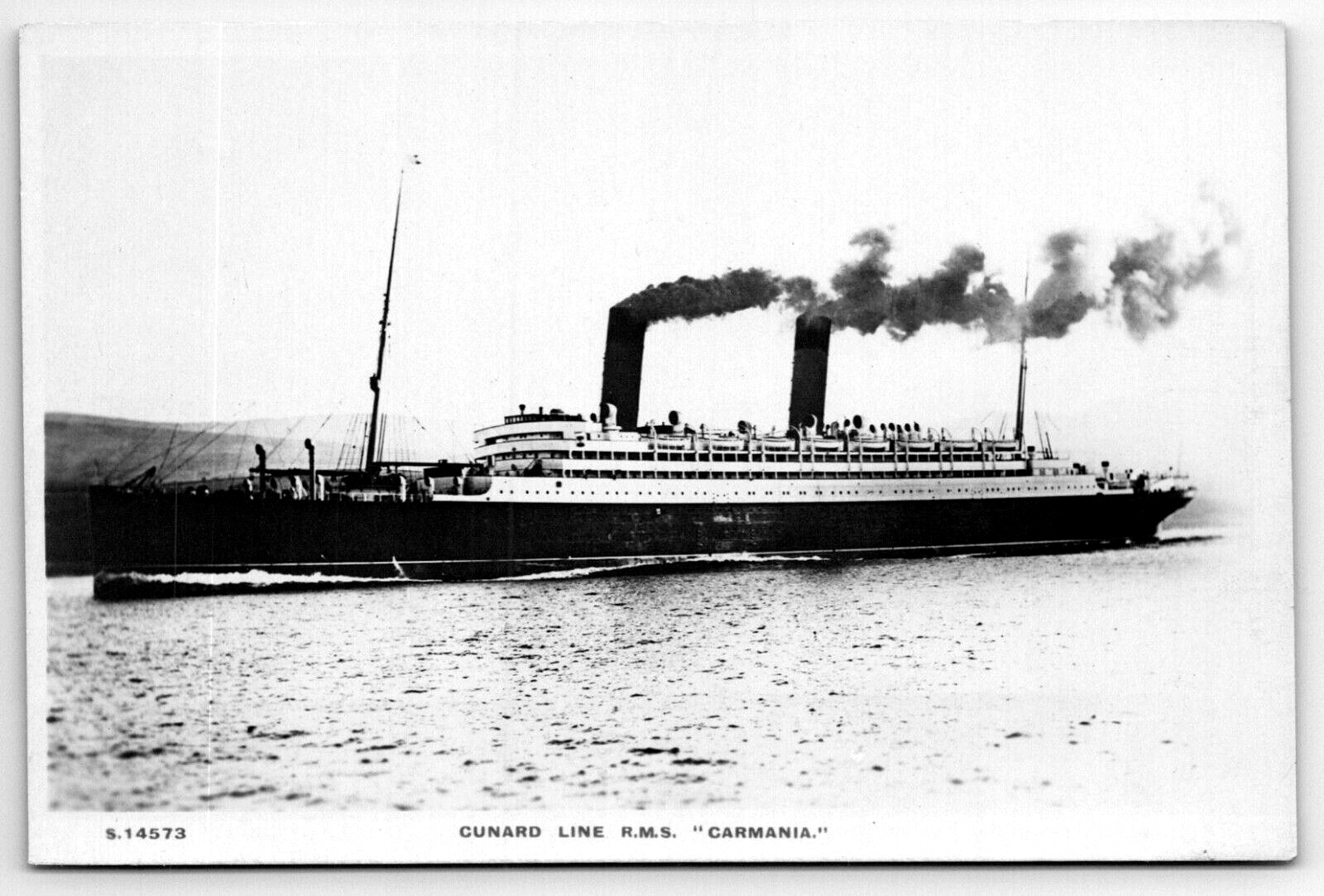 RMS Carmania Steamer Liner Cruising Wake Smoke Stacks Real Photo Postcard