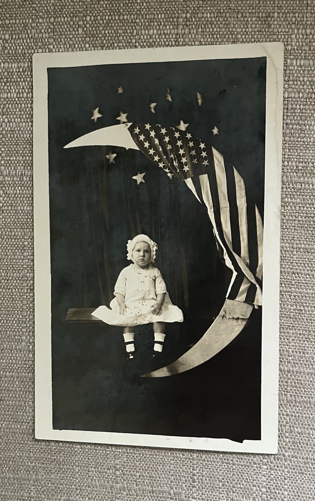 Girl with Paper Moon and American Flag Real Photo Postcard